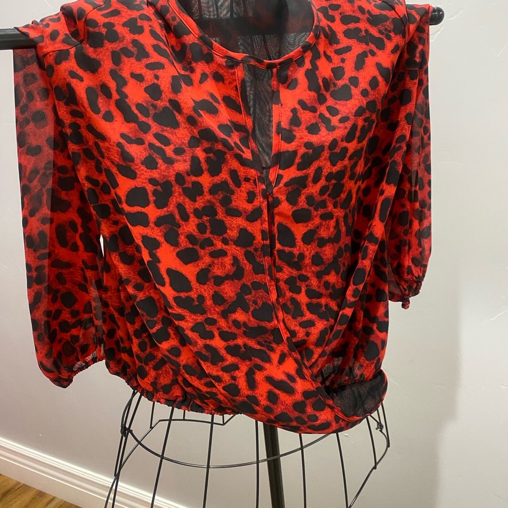 Vince Camuto Red and Black Animal Print Blouse